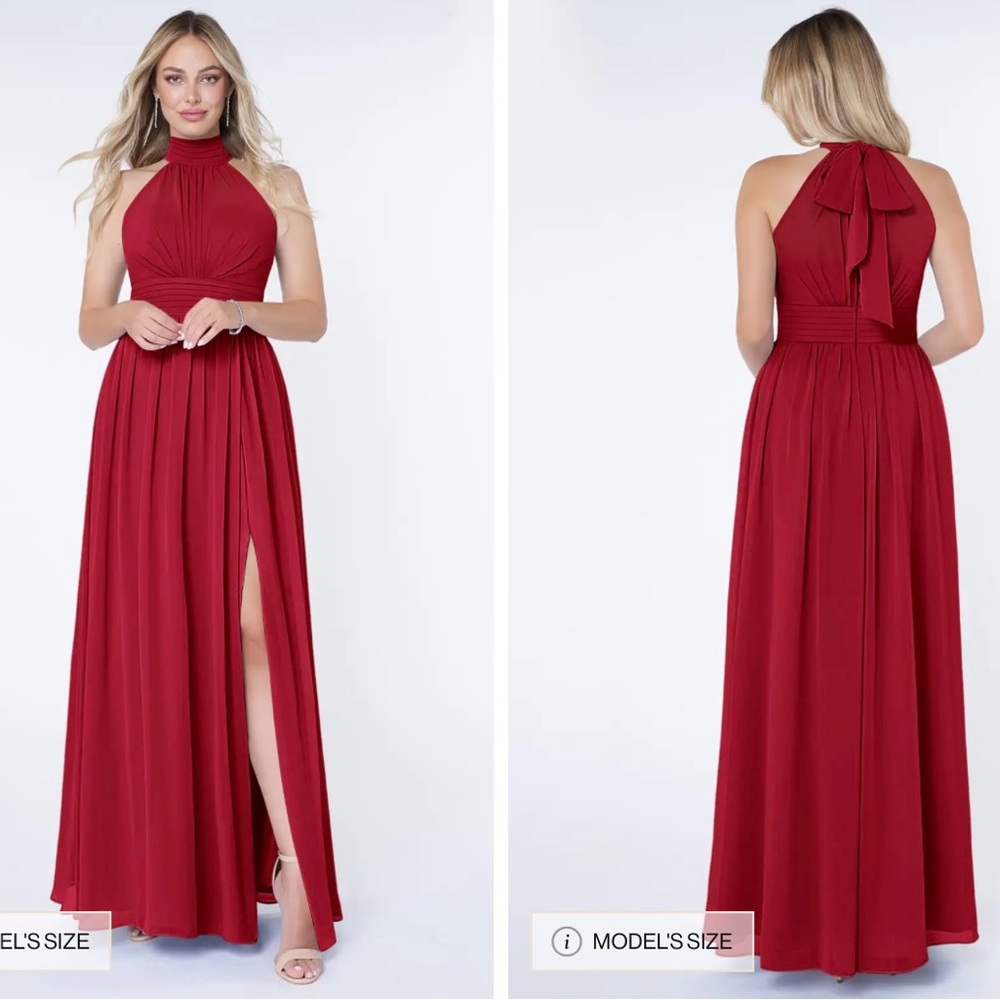 Azazie Bridesmaid Dress Size A6 Red Pleated Tie Front Halter Neck  Maxi 155143